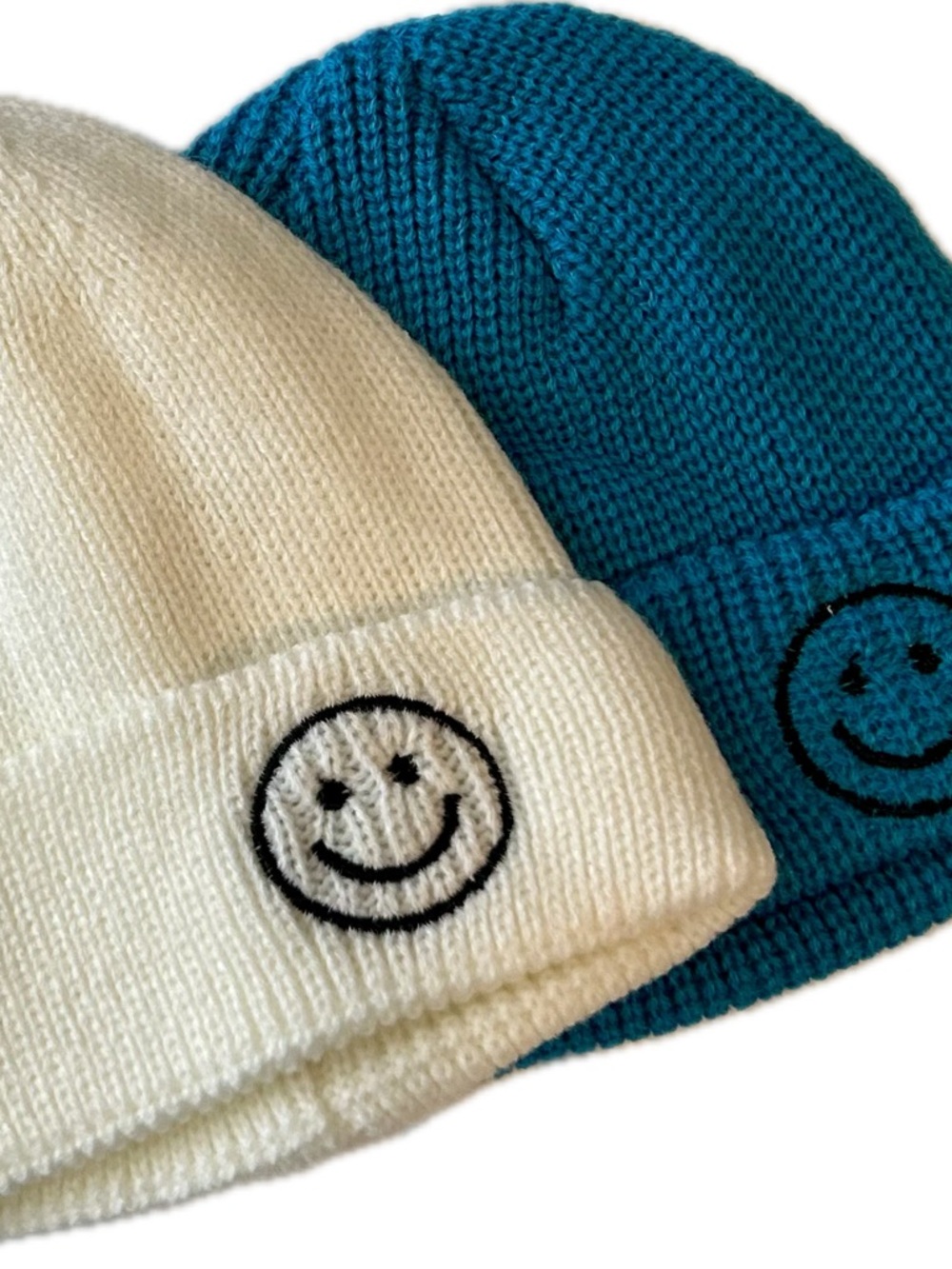 New: Two Baby Smiley Beanie Hat - White & Teal 0-2 years